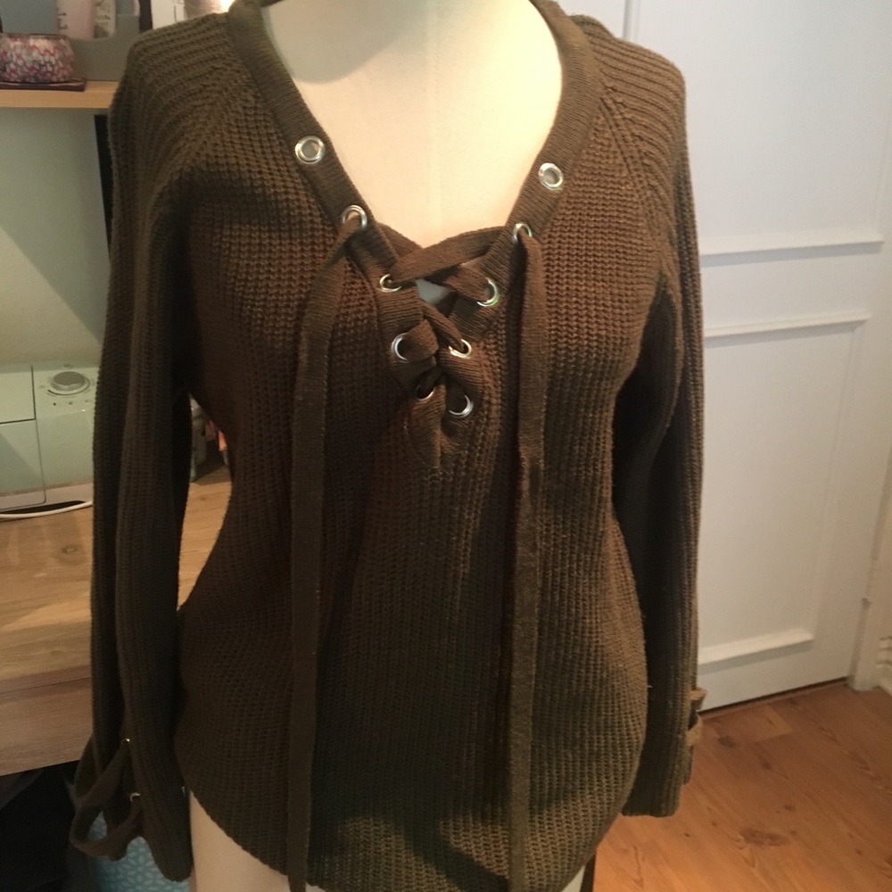 Olive green lace-up sweater